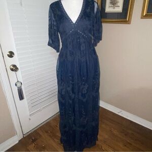 Vanilla Bay SZ M Dark Teal Embroidered Lace Maxi Dress V-Neck Sheer Sleeve Boho